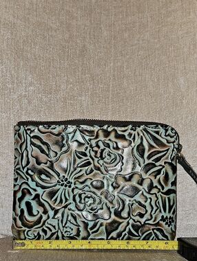Patricia Nash Tooled Leather Floral Wristlet Pouch in Turquoise and Brown